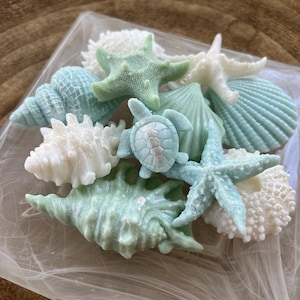 May include: A collection of small, molded soap figures in the shapes of sea creatures and shells, including starfish, a sea turtle, and various spiral and fan-shaped shells. The items are colored in shades of white, pale blue, and seafoam green.