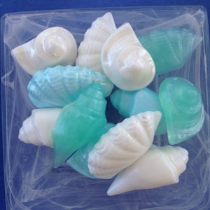 May include: A collection of white and blue seashell-shaped soaps in a clear glass container. The soaps are arranged in a decorative pattern.