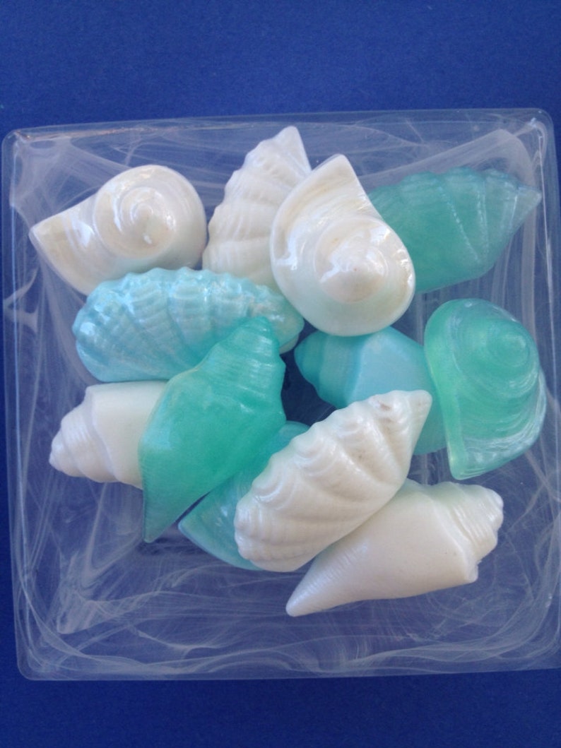 May include: A collection of white and blue seashell-shaped soaps in a clear glass container. The soaps are arranged in a decorative pattern.