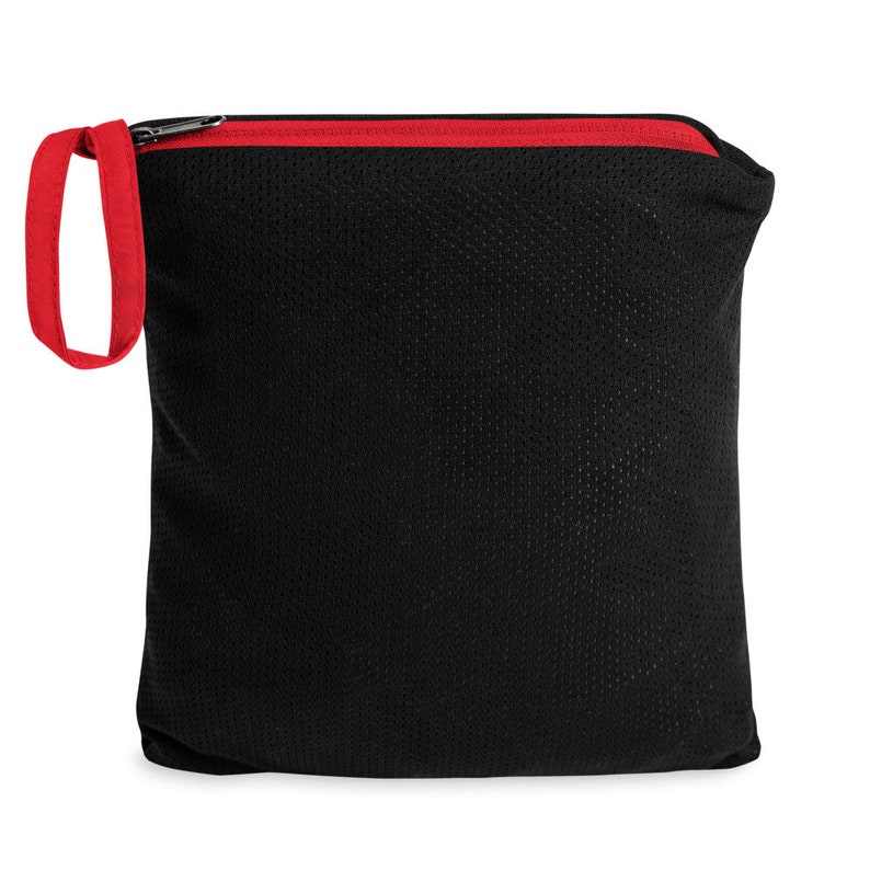May include: Black drawstring bag with a red zipper and red trim. The bag is made of a mesh material.