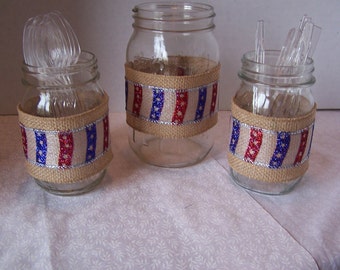 July 4th, Red White and Blue jar wraps, table decor, home decor, kitchen decor, decorated mason jars