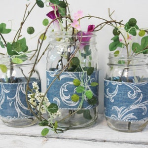 Blue and White Denim Mason Jar Wraps,home decor, kitchen decor, mason jar wraps, office decor