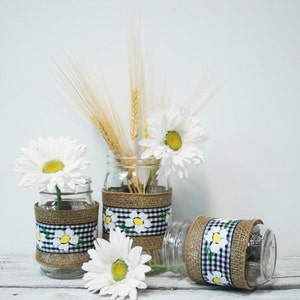Blue Gingham With Daisy print ribbon jar wraps.home decor,kitchen decor, outdoor decor,4th of July
