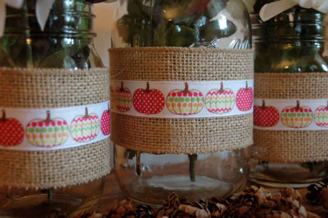 Jar Pink Ribbons Pink Pumpkin Jar Wraps With Bright Pink, Green and Yellow Print Ribbon ...