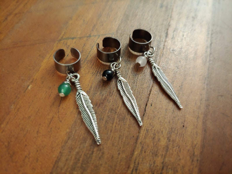 Aventurine Hippie Jewelry Energy Charged Feather Charm Ear Cuff Obsidian Rose Quartz Crystal Ear Cuff Feather Jewelry Boho Jewelry