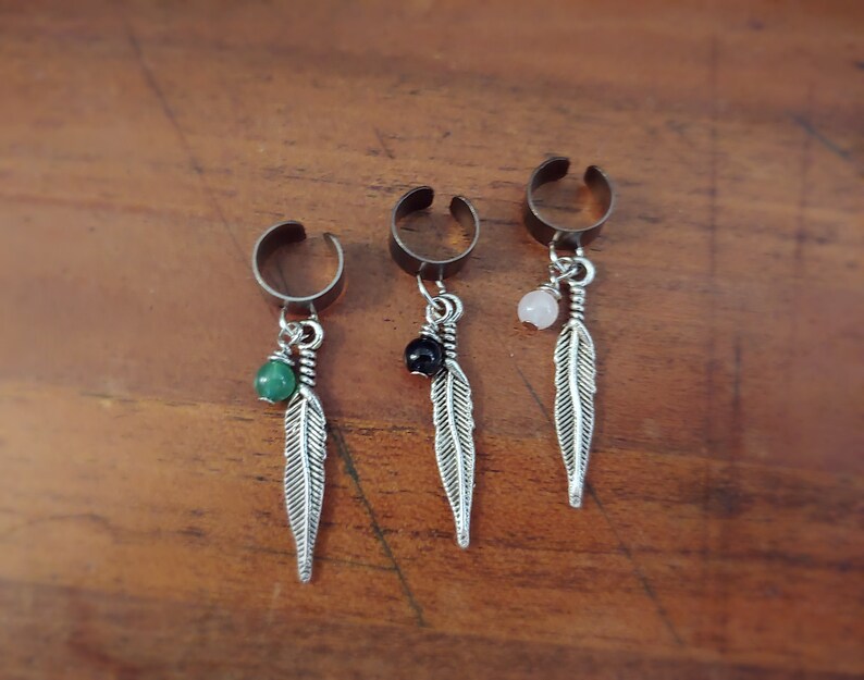 Aventurine Hippie Jewelry Energy Charged Feather Charm Ear Cuff Obsidian Rose Quartz Crystal Ear Cuff Feather Jewelry Boho Jewelry