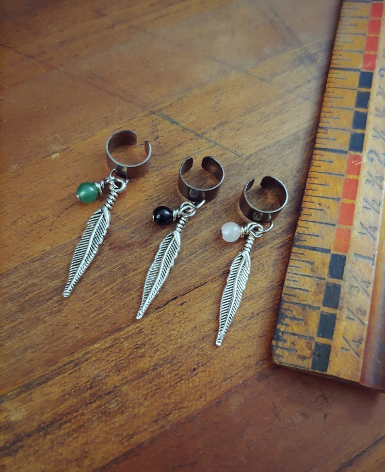 Aventurine Hippie Jewelry Energy Charged Feather Charm Ear Cuff Obsidian Rose Quartz Crystal Ear Cuff Feather Jewelry Boho Jewelry