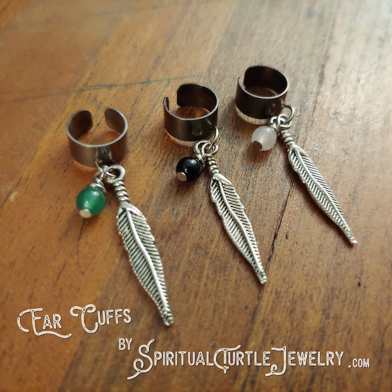 Aventurine Hippie Jewelry Energy Charged Feather Charm Ear Cuff Obsidian Rose Quartz Crystal Ear Cuff Feather Jewelry Boho Jewelry