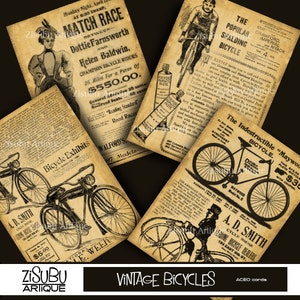 Printable Vintage Bicycle ACEO sepia monotone on aged paper cycling biking sport cards, gift tags, scrapbooking, antique newsprint image 2