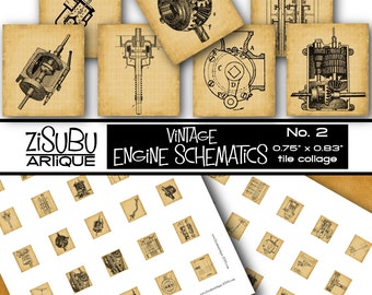 Vintage Engine Schematics - Printable Scrabble Tile Collage - Engineering Art - sepia aged paper - steampunk, jewelry making, card making
