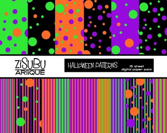 Bright Mood Patterns - Digital Paper - vibrant purple, green, orange and black - Halloween party crafts - scrapbook, paper, digital art