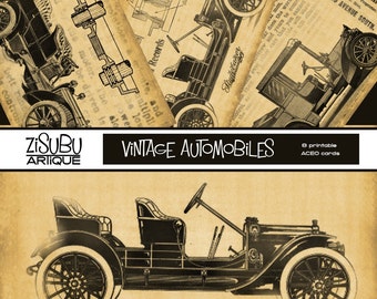 Printable Vintage Automobile Vehicle ACEO collage sheet - Sepia Monotone - antique cars and trucks for handmade cards, gift tags