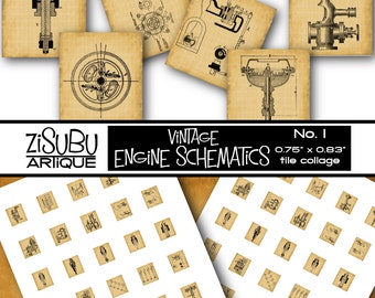 Printable Vintage Engine Schematics Scrabble Tile Collage - steampunk - antique engineering - paper crafts, scrapbooking, jewelry making