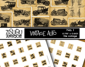 Printable Vintage Automobile Scrabble Tile Collage Sheet - Antique Car Truck Art - sepia aged paper - jewelry making, steampunk