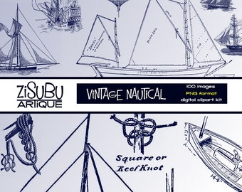 Vintage Nautical Clipart - elegant navy blue - 100 images - sail boats cruise voyage - scrapbooking, homemade cards, nautical party decor