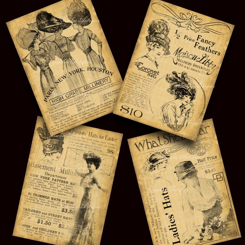 Printable Vintage Fashion Hats Millinery ACEOs antique bonnet retro head dress sepia art cards gift tags, handmade cards, scrapbooks image 3