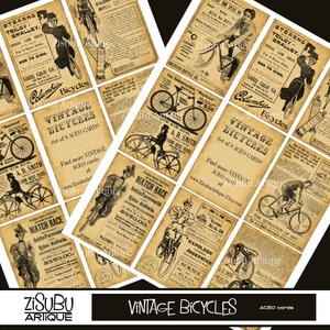 Printable Vintage Bicycle ACEO sepia monotone on aged paper cycling biking sport cards, gift tags, scrapbooking, antique newsprint image 4