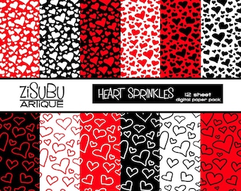 Heart Sprinkles Digital Paper - Red Black White Hearts - Love - Printable Paper for Teens, Weddings, Anniversaries, Dating