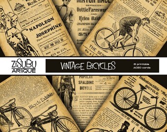 Printable Vintage Bicycle ACEO - sepia monotone on aged paper - cycling biking sport cards, gift tags, scrapbooking, antique newsprint