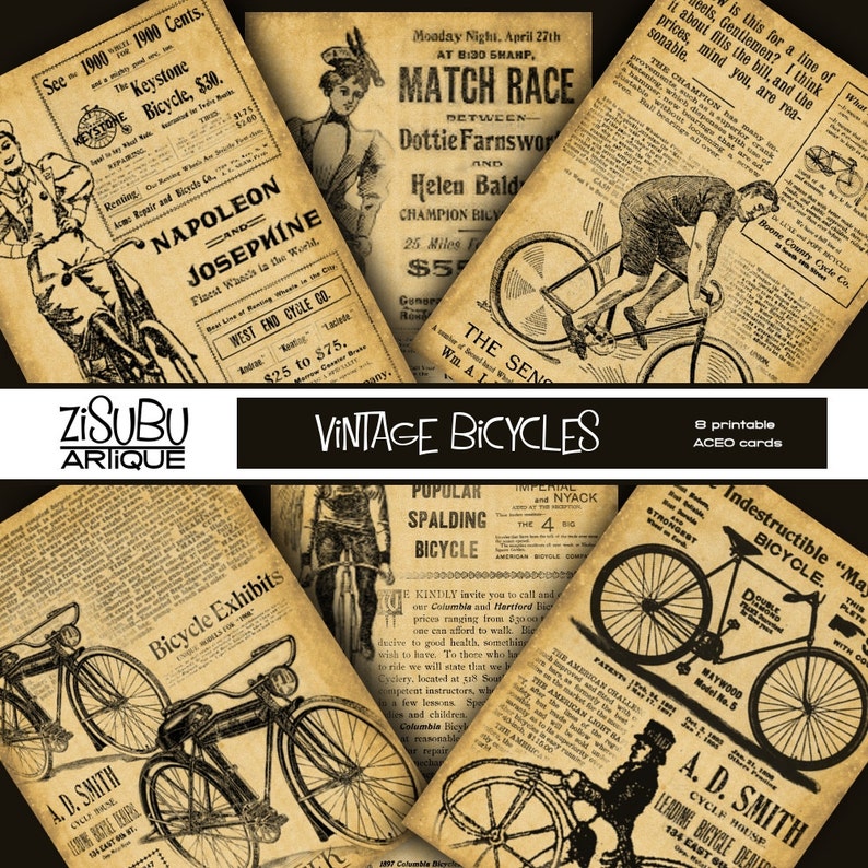 Printable Vintage Bicycle ACEO sepia monotone on aged paper cycling biking sport cards, gift tags, scrapbooking, antique newsprint image 1