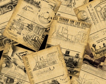 Gift Tags for Men - Printable Vintage Train ACEO - Antique Locomotive - Train Art - sepia monotone on aged paper