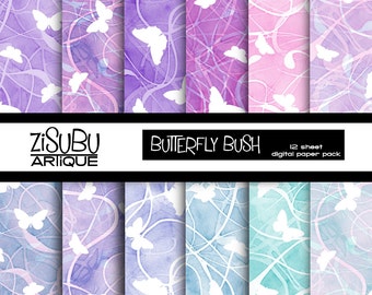 Butterfly Bush Watercolor Digital Paper - Purple, Pink, Blue and Green - for scrapbooking, homemade cards, paper crafts, painted backgrounds