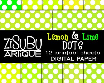 Lemon and Lime with White Polka DOTS Digital Paper Pack