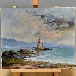 Lake Geneva Painting Art, Vintage Signed Swiss Oil Painting, Original Landscape Artwork, Nautical Art Home Decor, Art Lovers Gift