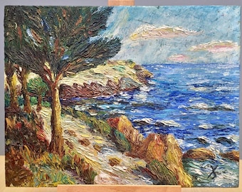 Peinture à l'huile vintage LA GRANDE BLEUE 1952 - Art postimpressionniste captivant de la mer Méditerranée et du littoral pour la maison et les collectionneurs