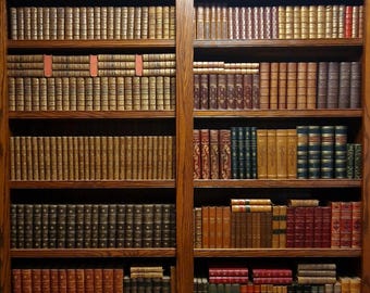Livres anciens en cuir, XVIIe et XXe siècles, décoration sombre d'étagères universitaires, collection de bibliothèques vintage pour la décoration d'intérieur