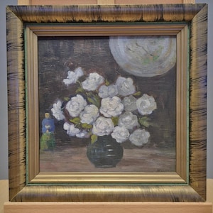 Antique Moody White Roses Painting Art, Original French Floral Painting, Vintage French Still Life Frame Artwork, Flower Oil Painting Decor