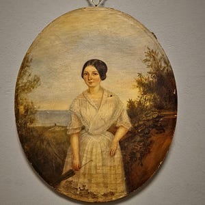 アンティークのフランス風肖像油絵、楕円形、傘を持った優雅な女性、19