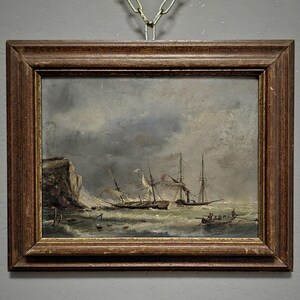 Antique French Seascape Oil Painting, Dark Moody Marine Scene 