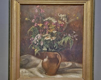 Antique Floral Still Life Oil Painting, Signed Vintage Wildflower Artwork, Dark Moody Bouquet in Vase, Framed Classic Wall Decor Gift Idea