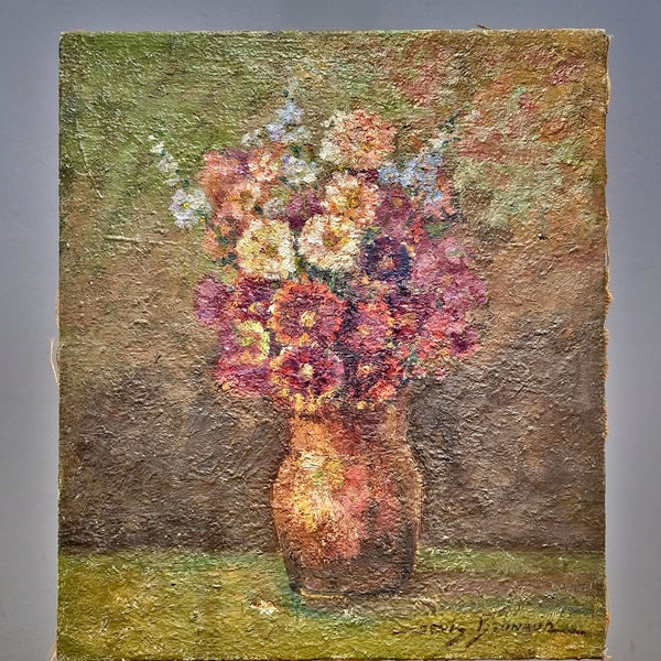 Peinture à l'huile florale originale des années 1930 de Denis Brunaud : harmonie en fleurs, ami de Paul-Emile Pissarro - chef-d'oeuvre vintage art déco français