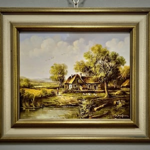 Vintage Hungarian Farmhouse Oil Painting, Signed Rustic Wall Decor