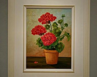 フランスのヴィンテージ花の油絵、青い花瓶のバラ、オリジナル