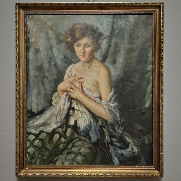 Vintage Oil Painting Female Portrait on Canvas, Signed Original Artwork, Gold Framed Wall Decor, Collectible Fine Art, Unique Gift Idea