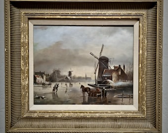 アンティークフランスロマン主義油絵、19世紀の風景画、署名入り