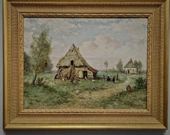 アンティーク フランス風景油絵 19世紀 署名入り バルビゾン派