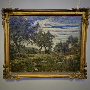 Antique  French Landscape, Framed 19th Century Moody Oil Painting, Vintage European Wall Art, Rustic Collectible Artwork, Gold Gilded Frame