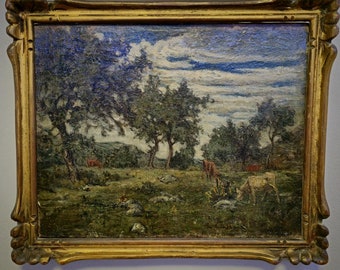 牛の油絵アート、木製パネルに描かれたイタリアのアンティーク油絵