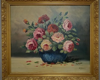 French Vintage Floral Oil Painting, Roses in Blue Vase, Original Artwork, Antique Flower Wall Art, Home Decor, Elegant Vintage Gift