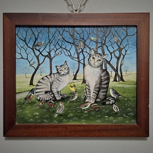 Pintura a óleo de gato ingênuo, arte popular rústica de animais, decoração de parede europeia vintage, arte cottagecore original, cena de gato e pássaro assinada