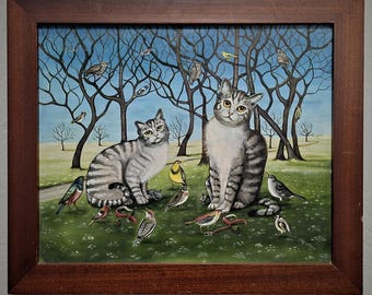 Naive Cat Oil Painting, Rustic Animal Folk Art, Vintage European Wall Decor, Original Cottagecore Artwork, Signed Cat and Bird Scene