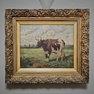 Antike Kuh Ölgemälde, signierte Französische Farmkunst, 19.Jh Rustikale Tierszene, Realistische Rinder Wanddekoration in verzierten Rahmen