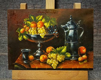 小さなヴィンテージフランスの静物画と風景画の油絵、オランダ風アート