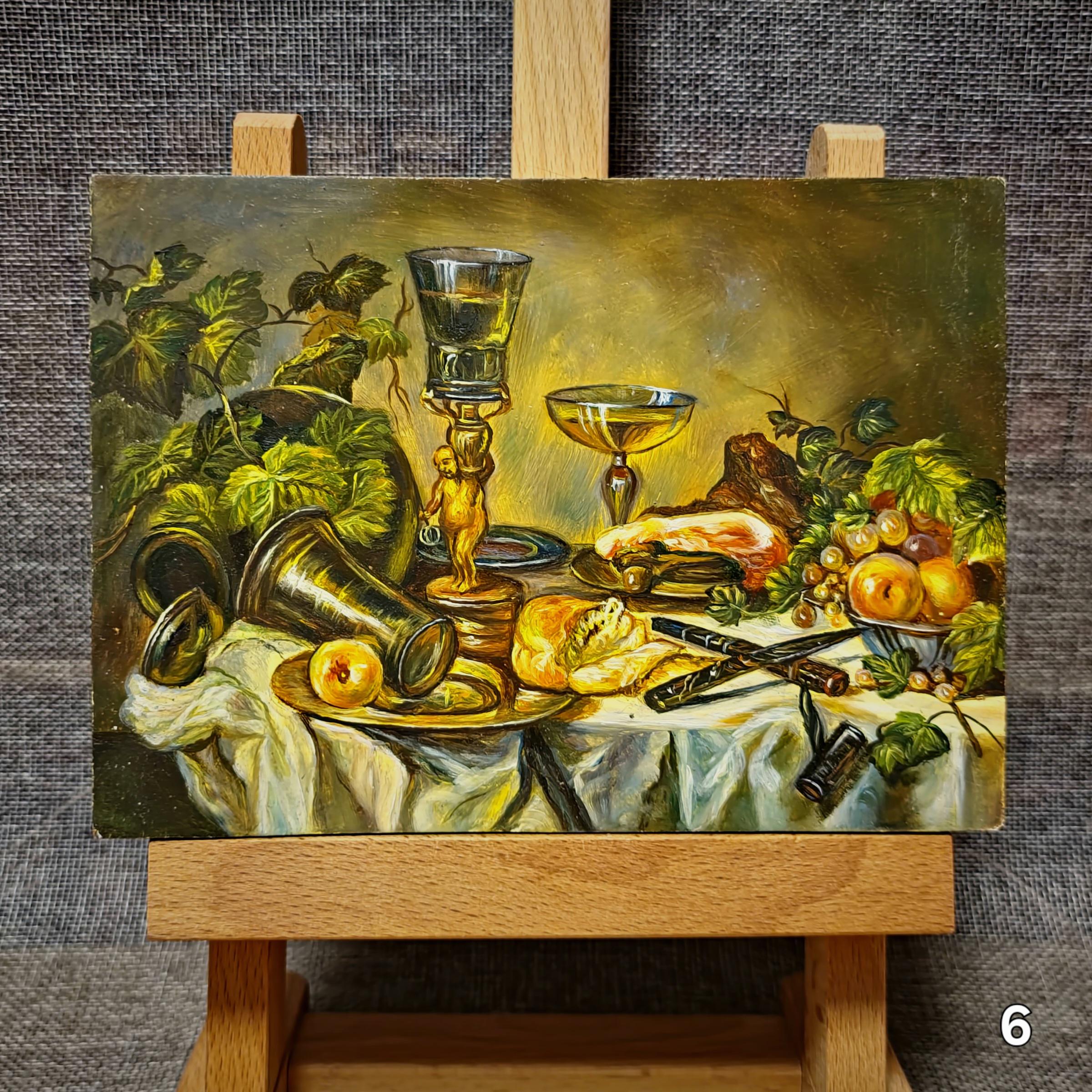 小さなヴィンテージフランスの静物画と風景画の油絵、オランダ風アート