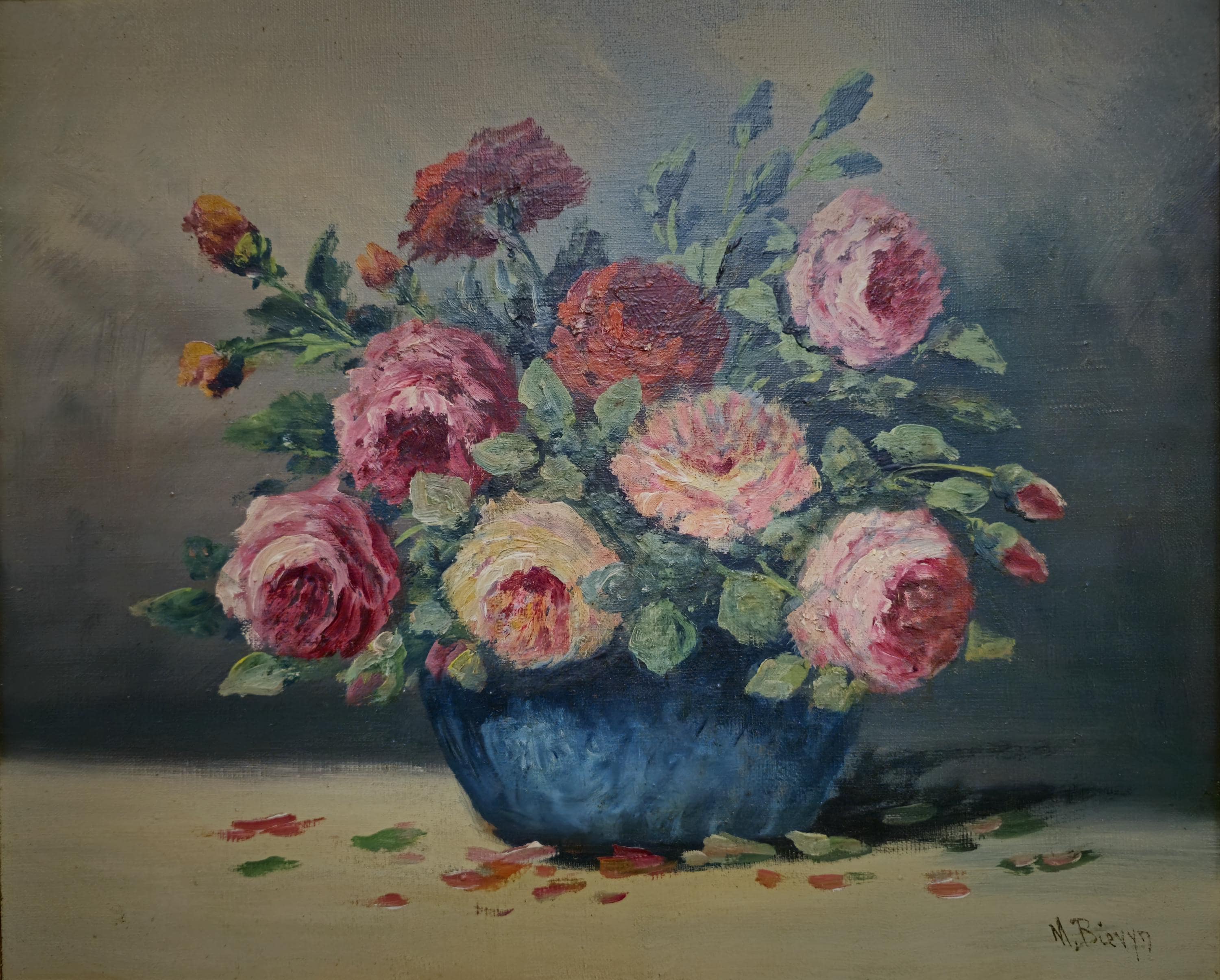 French Vintage Floral Oil Painting, Roses in Blue Vase