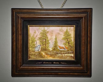 ヴィンテージの秋の風景画、フランスの油絵の森、秋の木々の絵画、1980